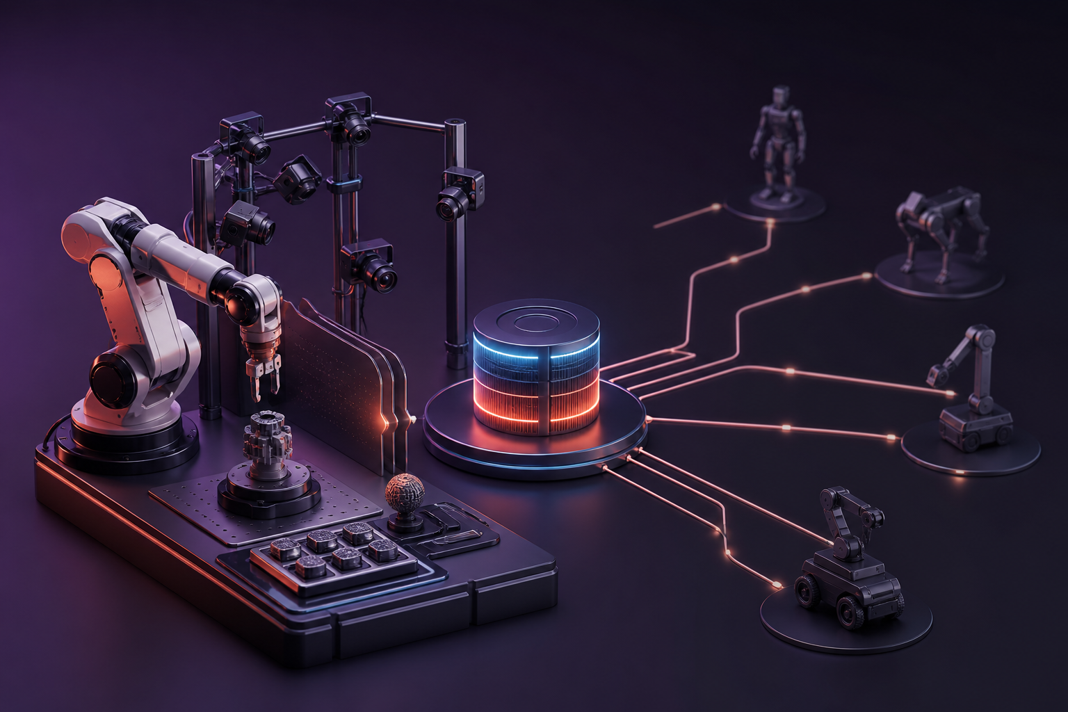 Robot arm and capture cameras connected through a controlled Physical AI data network